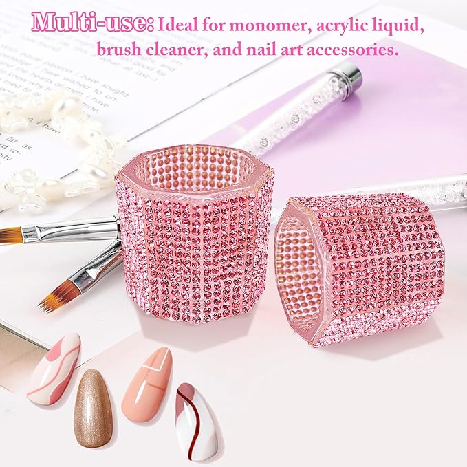 Glass Dappen Dish for Acrylic Nails, Crystal Glitter Acrylic Liquid Powder Glass Cup Nail Liquid Glassware Bowl, Octagon (YSHJB020-2pcs-Pink)