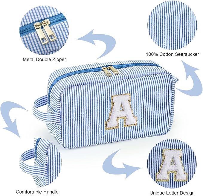 YOOLIFE Initial Makeup Bag for Women - Monogram Cute Blue Makeup Bags Cosmetic Toiletry Pouch Make Up Case for Women Her Best Friend Friendship Sister Teacher, Personalized Birthday Gifts for Women J