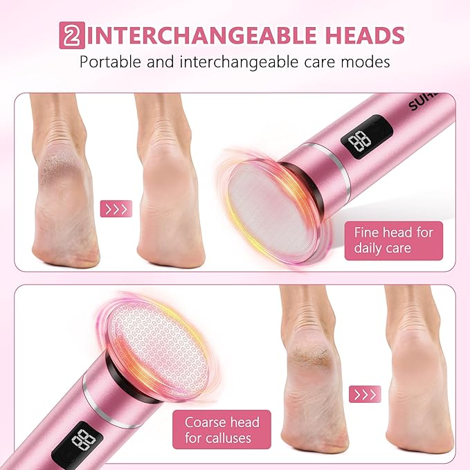 Electric-Foot-File-Callus-Remover Glass Grinding Head Electric Callus Remover for Feet Rechargeable Foot Grinder Dead Skin Pedicure Tools Adjustable Speed Foot Sander with Led Display (Pink)