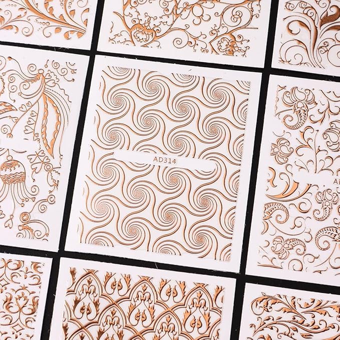 26 Sheets Rose Gold Nail Stickers Set, 3D Self Adhesive Nail Decals with Metal Geometric Stripe Wave & Lace Flower Floral Vine Patterns for DIY Manicure Decorations