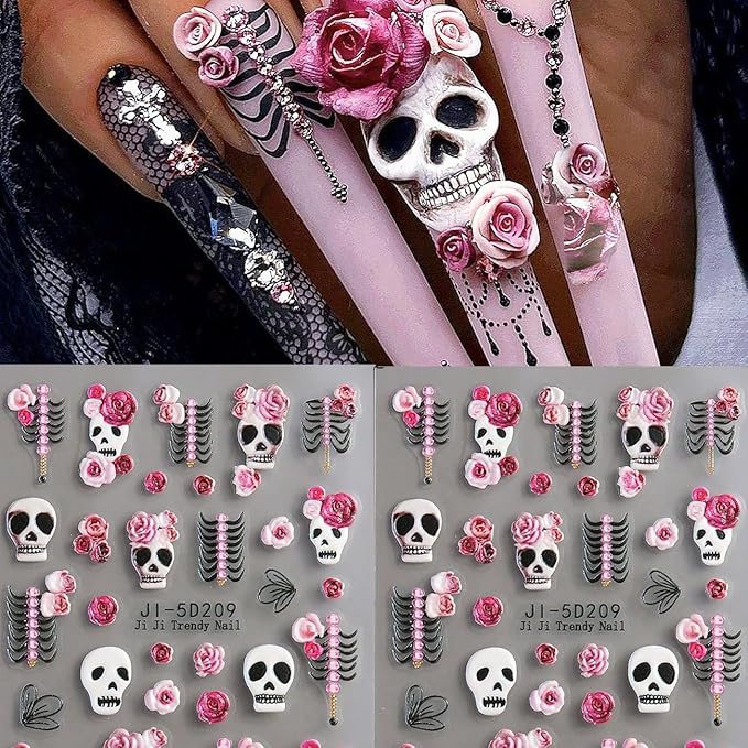 Halloween Nail Art Stickers 4PCS 5D Embossed Skeleton Rose Skull Nail Decals Self-Adhesive Nail Art Supplies Fantasy Bone Design Halloween Manicure Stickers for Women DIY Nail Art Decorations