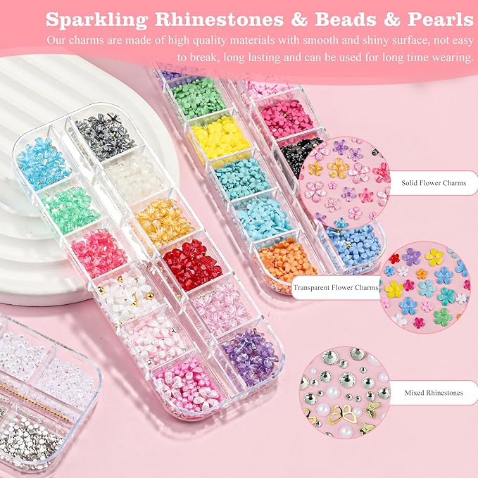 3 Boxes 3D Flower Nail Charms and Gems - Colorful Nail Flower & Metal Butterfly Charms Clear Rhinestones Gemstones Silver/Gold Caviar Beads White Pearls with Nail Chain for DIY Nails (13-S3-Mixed2)