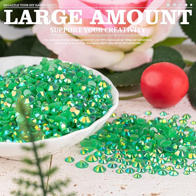 5000PCS Resin Rhinestones with Tweezers for Crafting, 2/3/4/5/6mm Flatback Jelly Rhinestones, 3 Box Dark Green AB Non Hotfix Crystal Gems for DIY Crafts Mugs Tumblers Clothes Makeup Nail