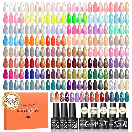 Peacecolor 60PCs Gel Nail Polish Set 55 Colors Gel Polish Kit with Glossy/Matte/Glitter 5Pcs Top Coat & Base Coat Soak Off U V Lamp Glitter Pink White All Seasons Nail Kit Gifts for Women
