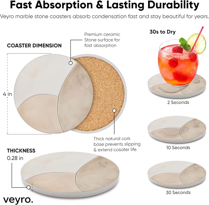 VEYRO Ceramic Coasters Set of 4 – Absorbent Stone Drink Coasters - Image 5