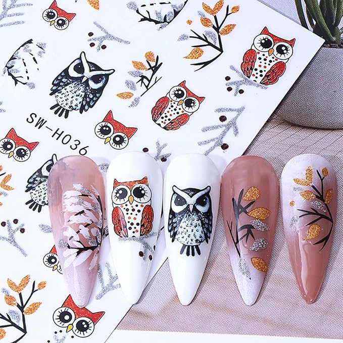 2Sheets Cute Owl Nail Art Stickers 3D Christmas Nail Decals for Acrylic Nails Self-Adhesive Leaves Branches Nail Sticker with Gold Silver Glitter Designs Nail Decal for Women Manicure Decor Supplies