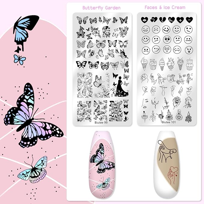 Biutee Nail Stamping Plate 16Pcs Nail Stamper Kit 12Pcs Nail Art Stamp Plates with Silicone Stamper, Scraper & Storage Bag, Stamping Plates Star Plaid Flower Butterfly Template Halloween Design Gift