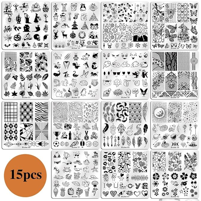 Biutee Nail Stamper Kit 15pcs Nail Art Stamp Plate 8pcs Stamp Gel Polish 1pcs Nail Stamper Scraper Set with Storage Bag, Nail Stamp Template Kit Flower Lace Animal Star Halloween Christmas Design