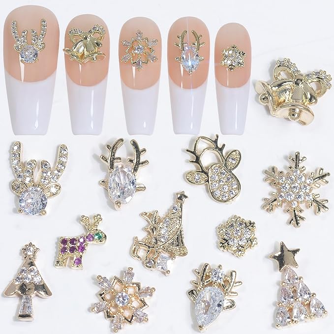 HNUIX 3D Nail Charms - Multi Shape, Zircon, Jewelry, Christmas, Gems Rhinestones, Gold Metal Base, for Nail Art