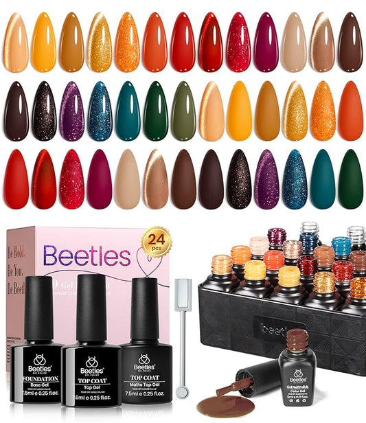 Beetles Winter Gel Nail Polish Colors Set - Amber Twilight 20 Colors 2025 Yellow Orange Red Cat Eye Brown Green Soak Off Uv Manicure Kit With Base Glossy Matte Top Coat Gift for Women
