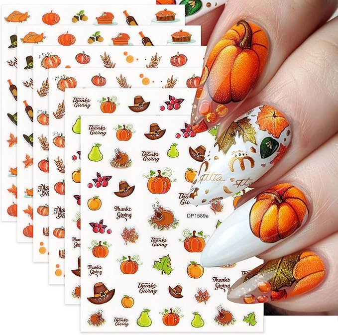 6 Sheets Fall Nail Stickers Autumn Maple Leaf Nail Art Stickers for Nail Art Cute Pine Cones Pumpkin Turkey Designs 3D Self-Adhesive Thanksgiving Nail Decals for Women DIY Acrylic Manicure Decoration