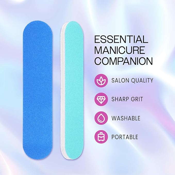 25PCS Mini Size PANA Professional Double Sided Nail Files - Blue, 180/180 Grit - Emery Board Nail Buffering File Manicure Pedicure Nail Polisher Washable