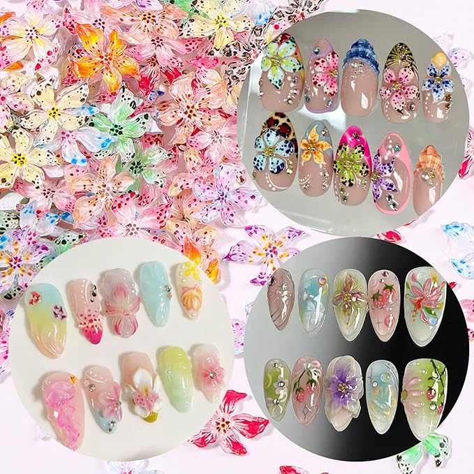 3D Hawaii Flowers for Nails,Spring Hibiscus Floral Nail Art Charms Lily Flowers for Nail Rhinestones Craft Multi-Color Petal Relief Flower Charms for Summer Acrylic Nail Jewelry Manicure Accessories