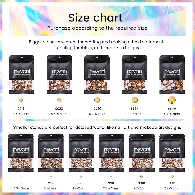 Novani Rhinestones 3000Pcs Flatback Crystal Round Loose Gemstones Glass Rhinestones for Crafts Makeup Nail Art Clothes Shoes DIY Decorations(SS8, 2.3-2.5mm,Gold Yellow)