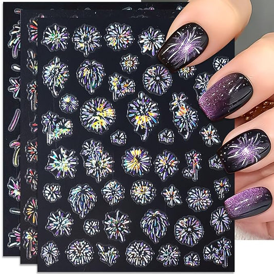 Glitter Firework Nail Art Stickers - Celebrating The New Year, 4th of July Shining Starry Sky Self-Adhesive Nail Decals for DIY Patriotic Independence Day Memorial Day Manicure (3 Sheets)