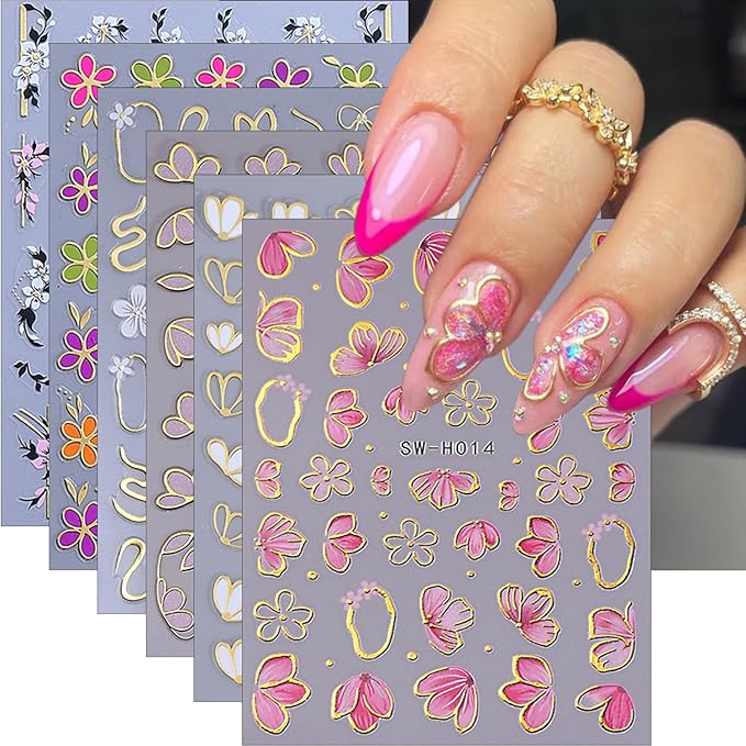 6Pcs Flower Nail Stickers for Nail Art Elegant Floral Nail Decals 3D Self-Adhesive Colorful Blossom Flower Nail Art Stickers Gold Bow Nail Supplies Spring Nail Decoration Accessories for Women Girls