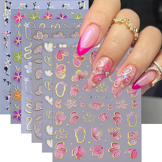 6Pcs Flower Nail Stickers for Nail Art Elegant Floral Nail Decals 3D Self-Adhesive Colorful Blossom Flower Nail Art Stickers Gold Bow Nail Supplies Spring Nail Decoration Accessories for Women Girls