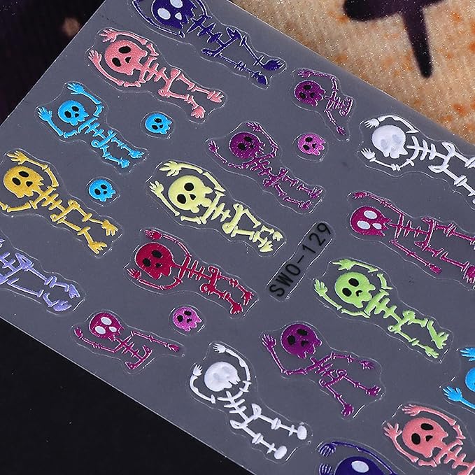 3 Sheets Halloween Skeleton Man Nail Art Stickers 5D Embossed Colorful Skull Nail Decals Funny Skeleton Bone Self-Adhesive Sliders Halloween Nail Art Supplies for Women Acrylic Nail Art Decorations