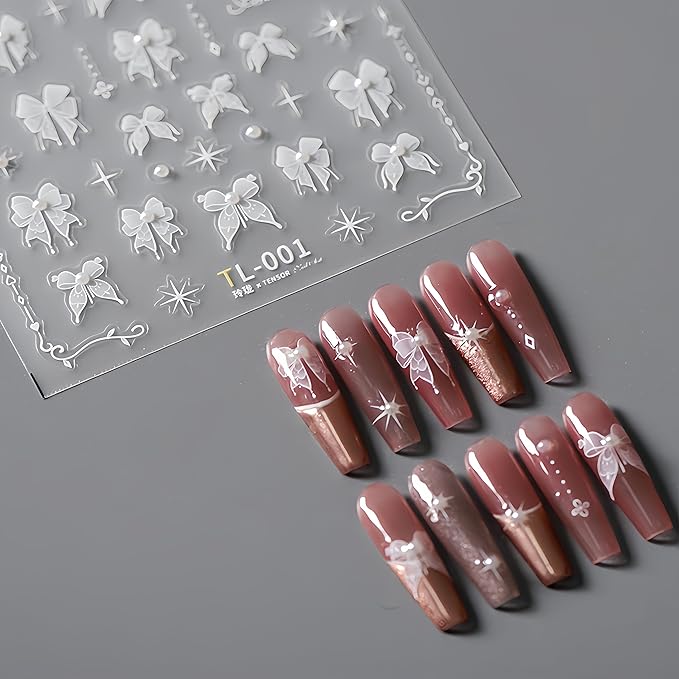 Lace Bow Nail Art Stickers 5D Embossed White Lace Pearl Bow Nail Stickers Cute Bow Pearl Rhinestone Design Women Girls DIY Nail Art Decoration 1 Sheet