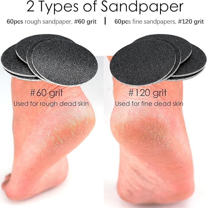 120pcs Replaceable Sandpaper Discs 60 Grit 120 Grit, Thick Self-Adhesive Replacement Sandpaper Refill Sanding Pads for Electric Foot Callus Remover Feet Sander (60 Grit +120 Grit)