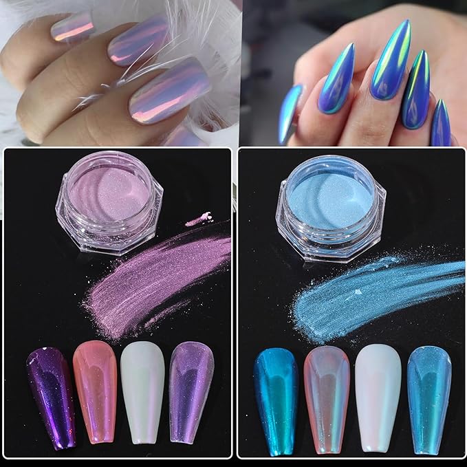Mermaid Aurora Chrome Nail Powder 10 Boxes Colorful Pearlescent Glazed Powder Kits Pearl Metallic Mirror Pigment Rubbing Dust Nails Glitter Decoration DIY Designs Nail Accessories