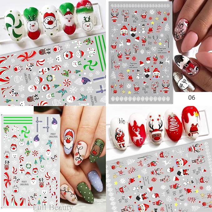 HNUIX Nail Stickers - Christmas 3D, Self Adhesive Nail Decals, Multi Colour Pattern, 10 Sheets, for Nail Art