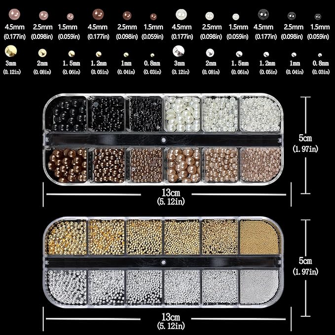 Nail Art Pearls with Glue Gel Flatback Brown Black 4 Colors Nail Charms Pearls Mixed Size 0.03-0.18in Nails Gems Pearl Accessories for Women Nails Design Decoration