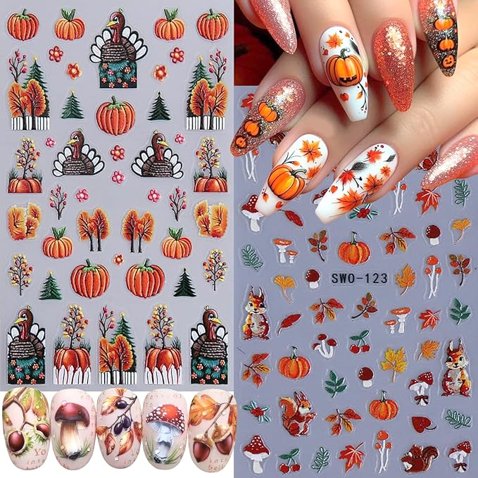 2Sheets Thanksgiving Nail Art Stickers 5D Embossed Squirrel Maple Leaf Nail Decals Self-Adhesive Turkey Pumpkin Designs Nail Sticker Fall Leaves Mushroom Nail Decal for Women DIY Manicure Decoration