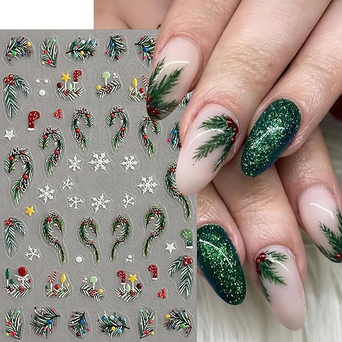 4 Sheets Christmas Nail Art Stickers Christmas Holly Nail Decals Relief Holly Leaf Christmas Tree Elk Nail Supplies White Snowflake Nail Design for Women New Year Xmas Holiday Nail Decor Accessories