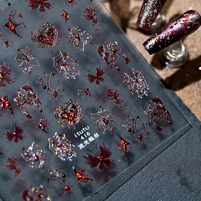 1 Sheets Halloween Nail Stickers for Nail Art 5D Self-Adhesive Embossed Spider Web Nail Art Stickers with Glitter Red Spider Butterfly Heart Bat Nail Decals Halloween Nail Design Sticker for Women