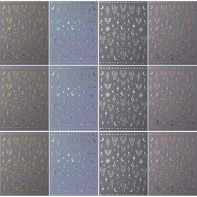 12 Sheets Metallic Nail Stickers Sun Star Nail Art Stickers 3D Self-Adhesive Shiny Laser Gold Silver Moon Rose Nail Decals Holographic Laser Glitter Nail Sticker for Women Nails Manicure Decorations