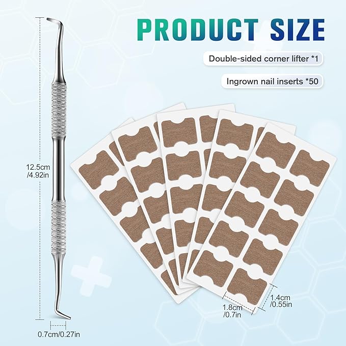 FERYES 50 PCS Breathable Ingrown Toenail Corrector Patch with Double-Ended Stainless Steel Toenail Lifter – Comprehensive Toenail Care Solution