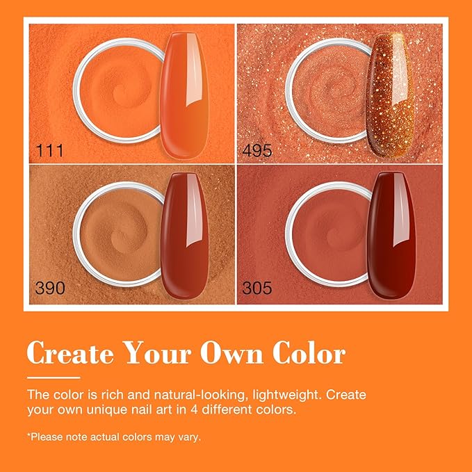 AZUREBEAUTY Dip Powder Nail Kit Starter, Orange Brown Glitter, 4 Fall Pumpkin Maple Dark Colors Set, French Halloween Nail Art Base Top Coat Activator Essential Liquid Manicure DIY Salon 12 PCS