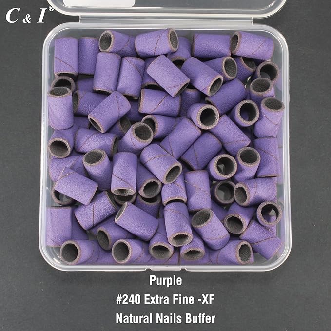 C & I Nail Sanding Bands 100 PCS Plus Upgrade Mandrel 1 PC, Nail Drill Bits for Acrylic Gel Nails Remove, Natural Nails Buffer for Nail Prep and Nail Shiner (Purple, #240 Extra Fine)