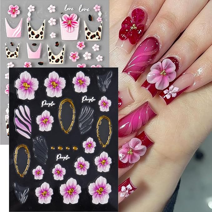 4 Sheets Flower Nail Art Stickers Decals 5D Embossed Flower Leopard French Line Nail Decals Pink Floral Leopard Nail Art Design Pink Flowers Coil Nail Supply for Women Winter DIY Manicure Decorations