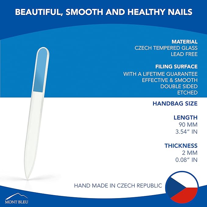 Mont Bleu Small Premium Glass Nail File - Genuine Czech Tempered Glass - Handmade in Czech Republic - Best Crystal Nail File for Natural Nails