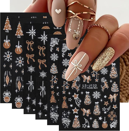 6 Sheets Glitter Christmas Nail Art Stickers 3D Self-Adhesive Snowflake Christmas Tree Nail Stickers Christmas Bell Ball Elk Nail Decals Acrylic Nail Supplies for Women Girls DIY Manicure Decoration