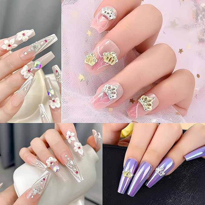 24pcs Metal Crown Nail Charms Shiny Gold Silver Nail Rhinestones Hollow Out Crown Nail Gem Exquisite Luxury Crown Nail Design Crystal Crown Nail Jewels Nail Decorations for Nail Art DIY Nail Supplies