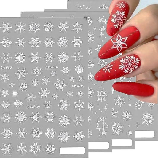 HNUIX Nail Stickers - 5D Snowflake, Self Adhesive Nail Decals, Multi Pattern, 4 Sheets, for Nail Art