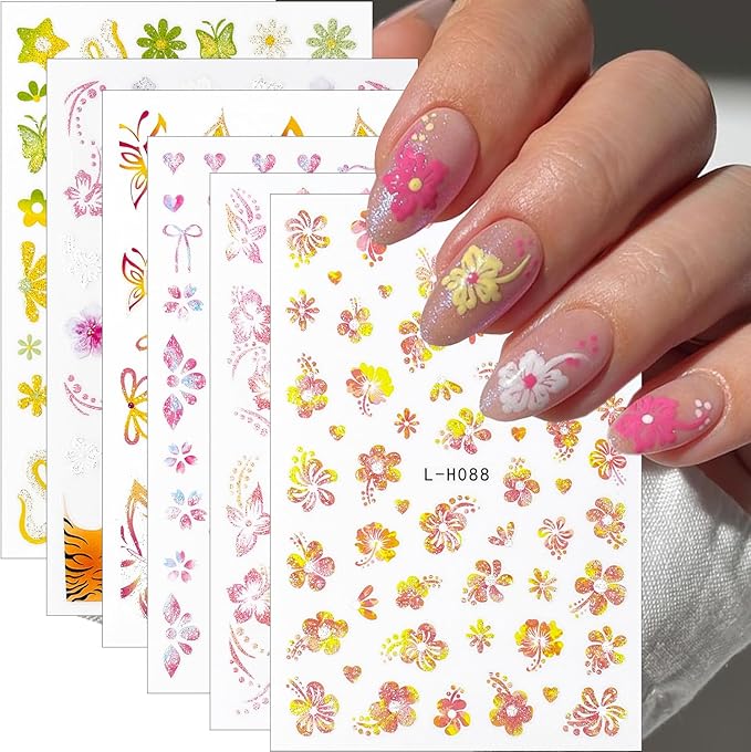 6Pcs Flower Nail Art Stickers 3D Glitter Hibiscus Nail Decals Pink Yellow Green Floral Nail Design Stickers French Tip Nail Art Sticker Spring Butterfly Nail Decoration Supplies for Women Manicure