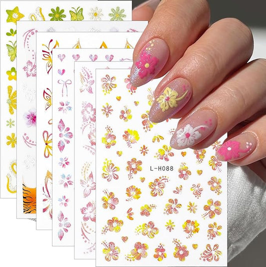 6Pcs Flower Nail Art Stickers 3D Glitter Hibiscus Nail Decals Pink Yellow Green Floral Nail Design Stickers French Tip Nail Art Sticker Spring Butterfly Nail Decoration Supplies for Women Manicure