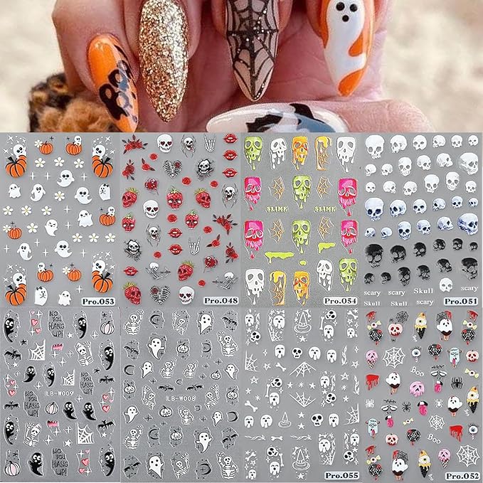 8 Sheets Halloween Nail Art Stickers Cute Ghost Nail Decals 3D Self-Adhesive Goth Skull Pumpkin Nail Stickers Halloween Acrylic Nail Art Decoration for Women Holiday French Nail Art Supplies