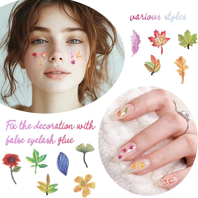 300Pcs 3D Flower Nail Art Charms Sequins Decals Colorful Mixed Maple Leaves Design Slice Nail Flowers Ultra Wood Pulp Flakes Sequins 5