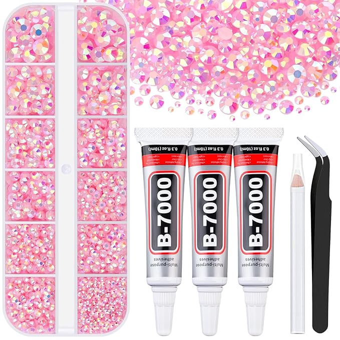 6000Pcs Resin Rhinestones for Bedazzling with 3Pcs B7000 Jewelry Glue, 1 Box Light Pink AB Flatback Rhinestones for Crafting Crafts DIY, Crystals Gems for Clothing Shoes Tumblers Nail Art Makeup