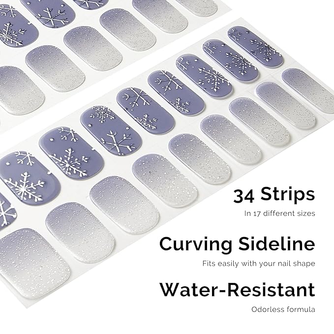 NAILOG Semi Cured Gel Nail Strips - 34 pcs Salon-Quality Winter Nail Wraps with Soft Gel Finish (Snow Rain)
