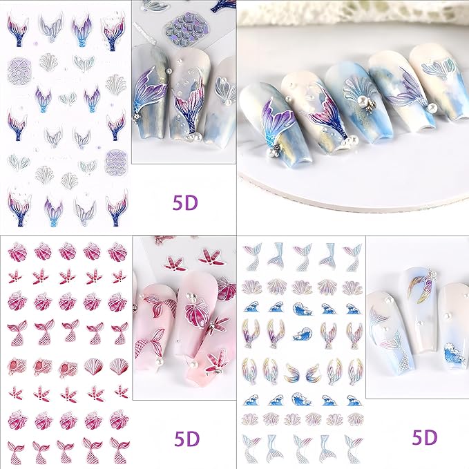3 Sheets Summer Nail Art Stickers Ocean Style 5D Embossed Fantasy Mermaid Tail Ocean Wave Fishtail Shell Starfish Design Stickers Suitable for Women and Girls Nail Art Decoration