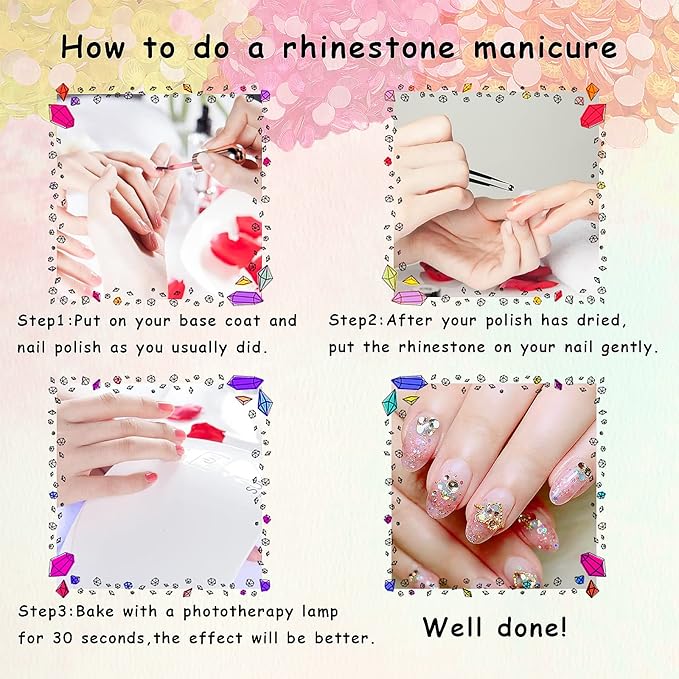 3120Pcs Diamond Nails Rhinestones for Nail Art, HOINCO Colorful Fluorescence Rhinestones for Nails, Multi Shapes Clear AB Flat Back Gemstones for Women Nail Art DIY Craft Jewelry with Tweezers and Pen