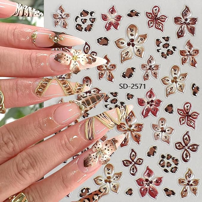 6Sheets Leopard Print Nail Art Stickers 5D Embossed Colorful Lily Flower Nail Decals Self-Adhesive Leopard Print French Tip Nail Sticker Cute Floral Decal for Women Manicure Decoration Accessories