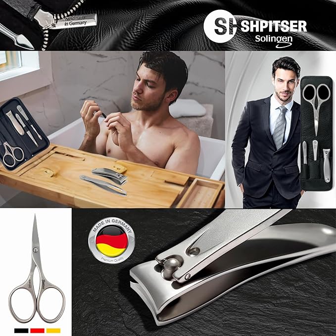 Professional Manicure and Pedicure Set of 5 Surgical Stainless Steel Instruments, Made in Solingen, Germany, Luxury Topinox Grooming Kit In Full Grain Nappa Leather Case