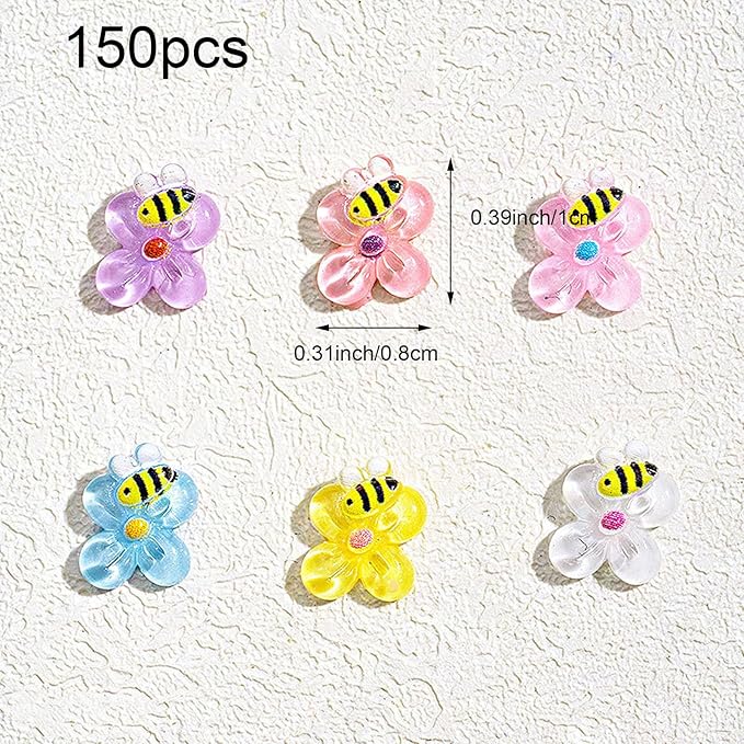 150PCS Bee Flower Nail Charms, 3D Resin Mixed Colors Cute Bees Jewelry Spring Nail Art for Women Girls Manicure DIY Nail Decoration